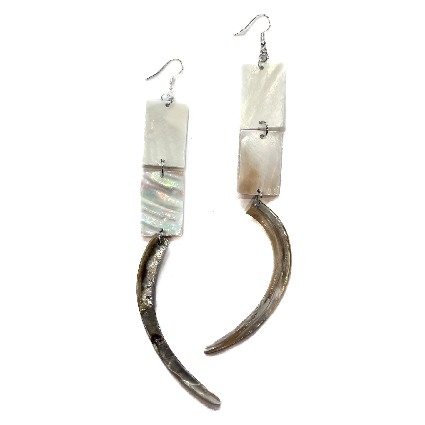 Kajiste Auntie Earrings Double-tier Rectangle Mother of Pearl and Abalone Tusk