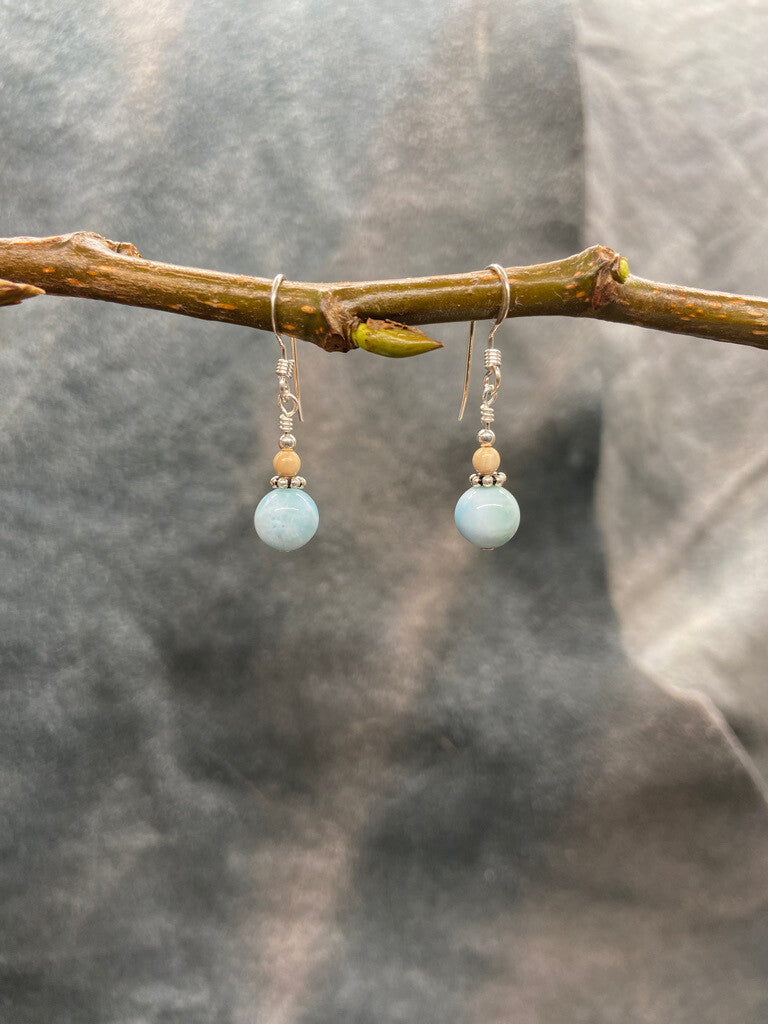 Mammoth Ivory & 7mm Larimar Bead Earrings