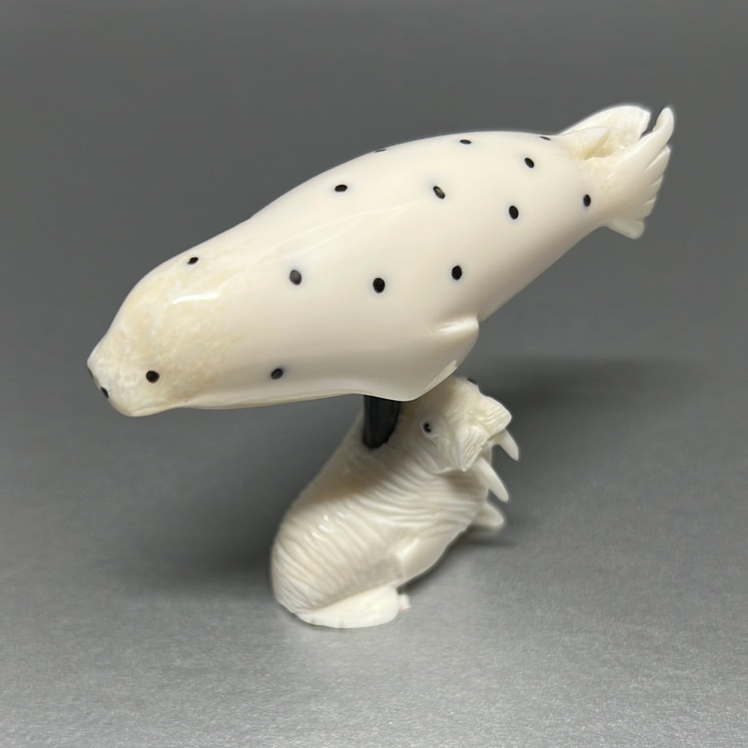 Ivory- Kaninguk; Baleen, Spotted Seal on Carved Walrus