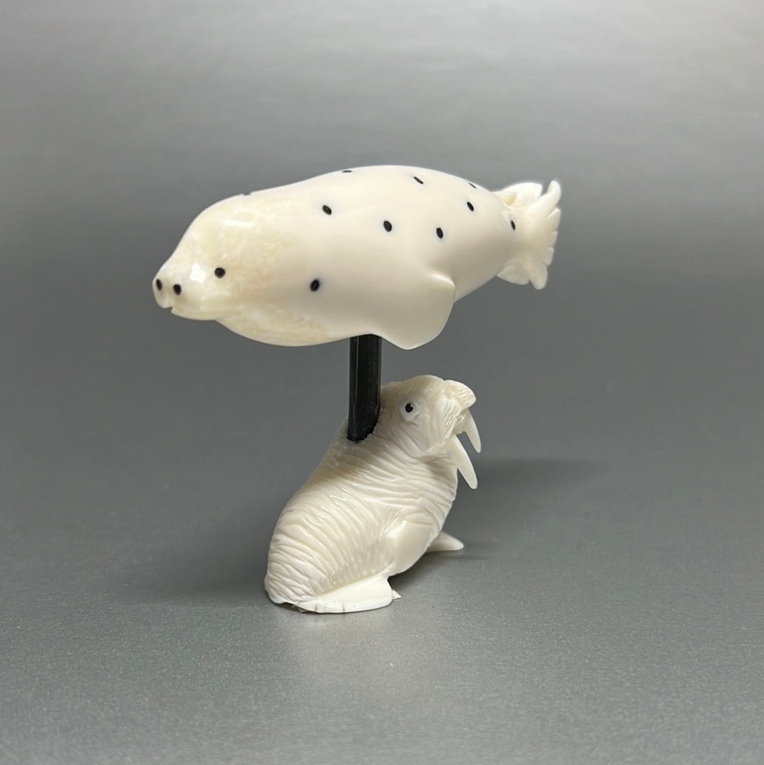 Ivory- Kaninguk; Baleen, Spotted Seal on Carved Walrus