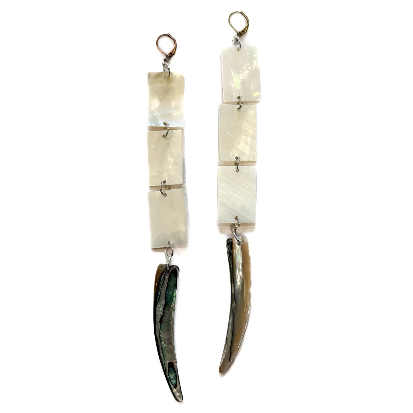 Kajiste Auntie Earrings Triple-tier Rectangle Mother of Pearl and Abalone Tusk