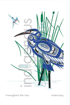 Framed Hummingbird and Blue Heron by First Nation Artist Richard Shorty