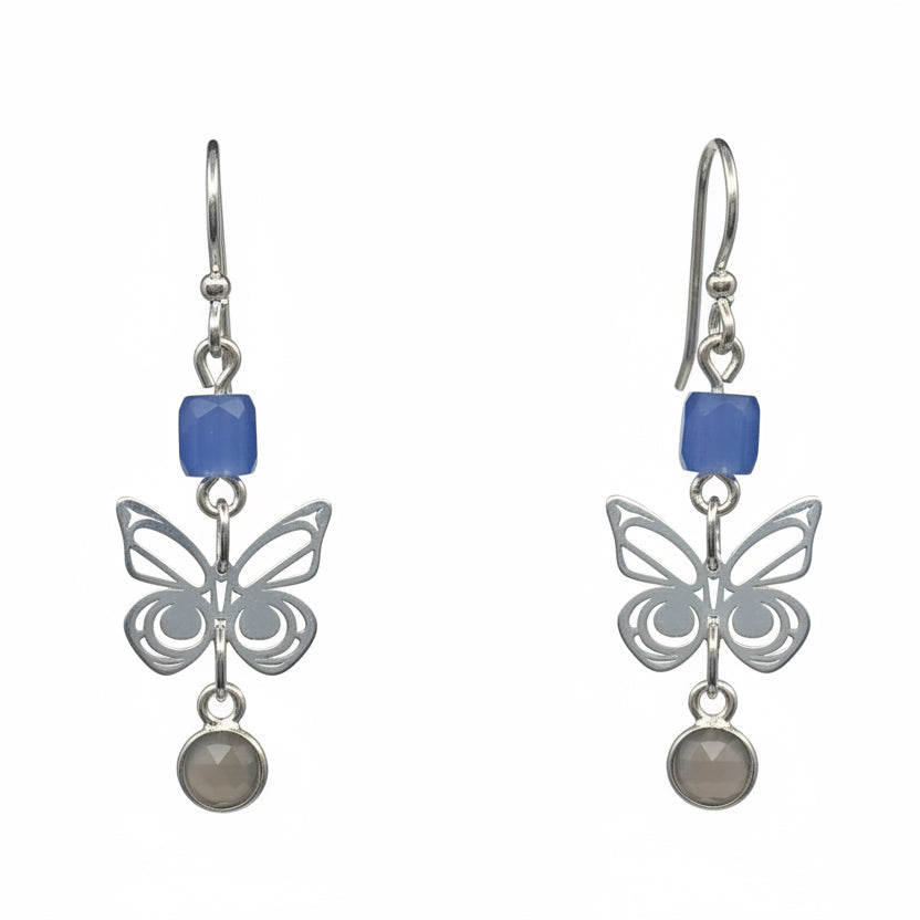 Morgan Asoyuf Earrings Mini Silver Butterfly with Trade Beads & Smoky Quartz