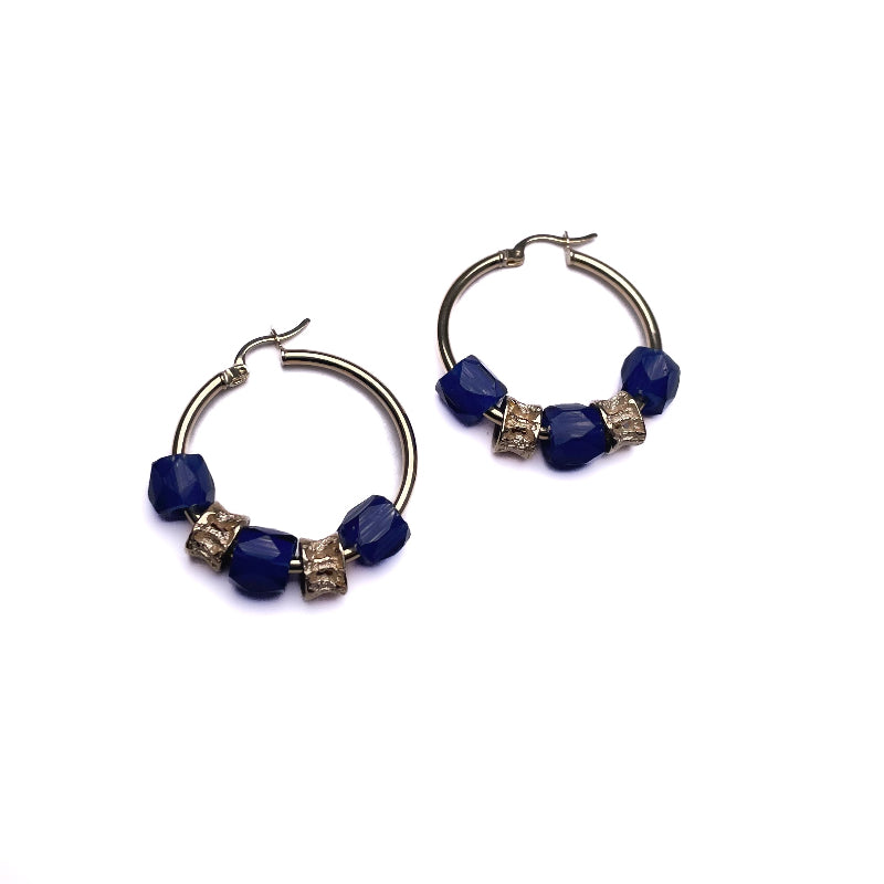 Morgan Asoyuf Earrings 10K Gold Hoop with Salmon Vertebrae and Russian Blue Dia 30mm