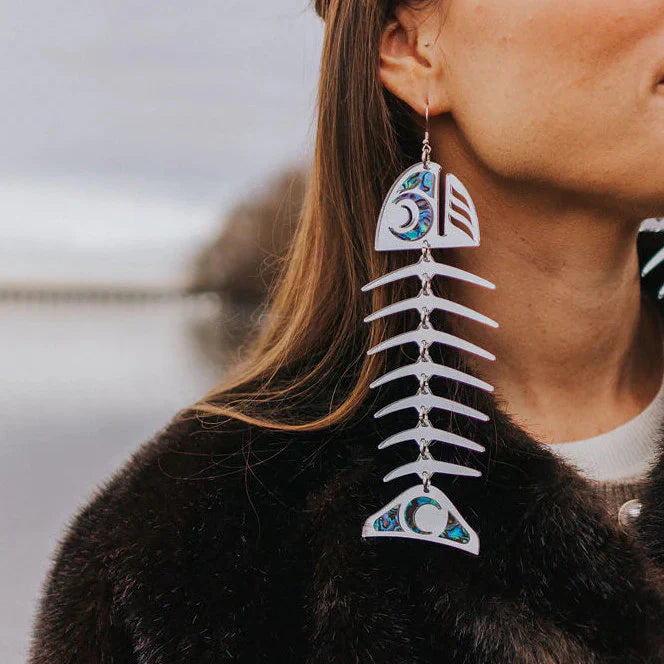 Copper Canoe Woman Earrings Salmon Ghost (Large) (Silver)