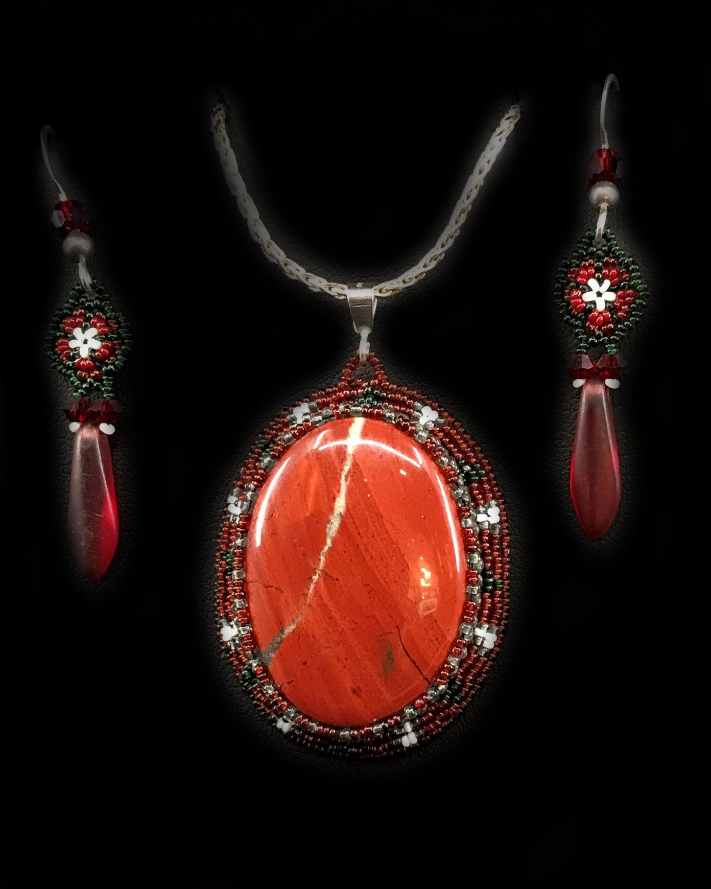 Pendant Set- Pook; Red Jasper & Seed Beads