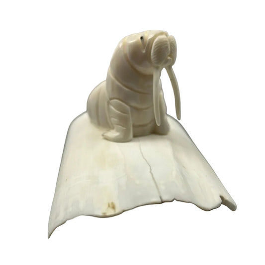 Kyle Pungowiyi Figurine Ivory Walrus on Tusk Base