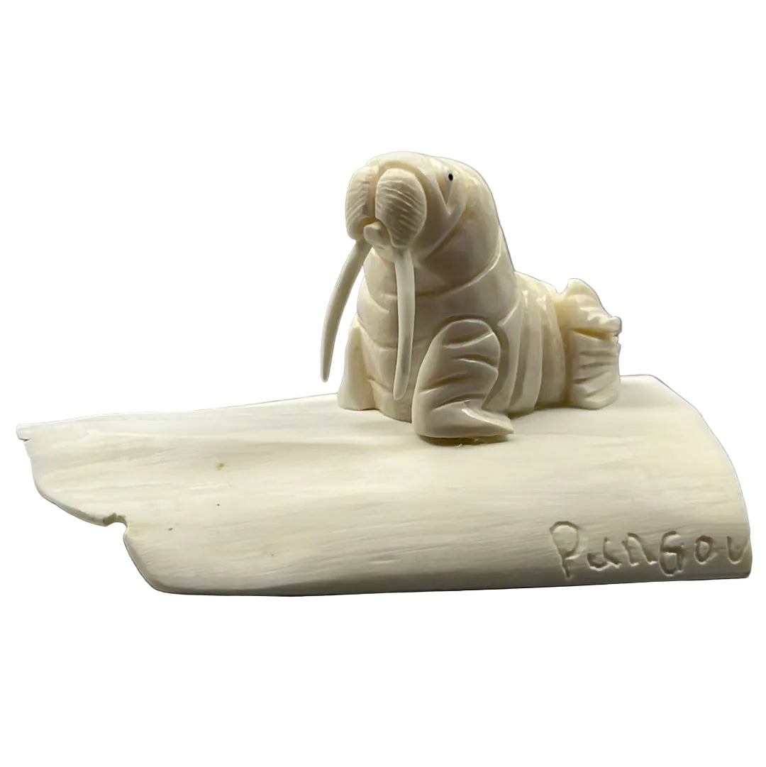 Kyle Pungowiyi Figurine Ivory Walrus on Tusk Base