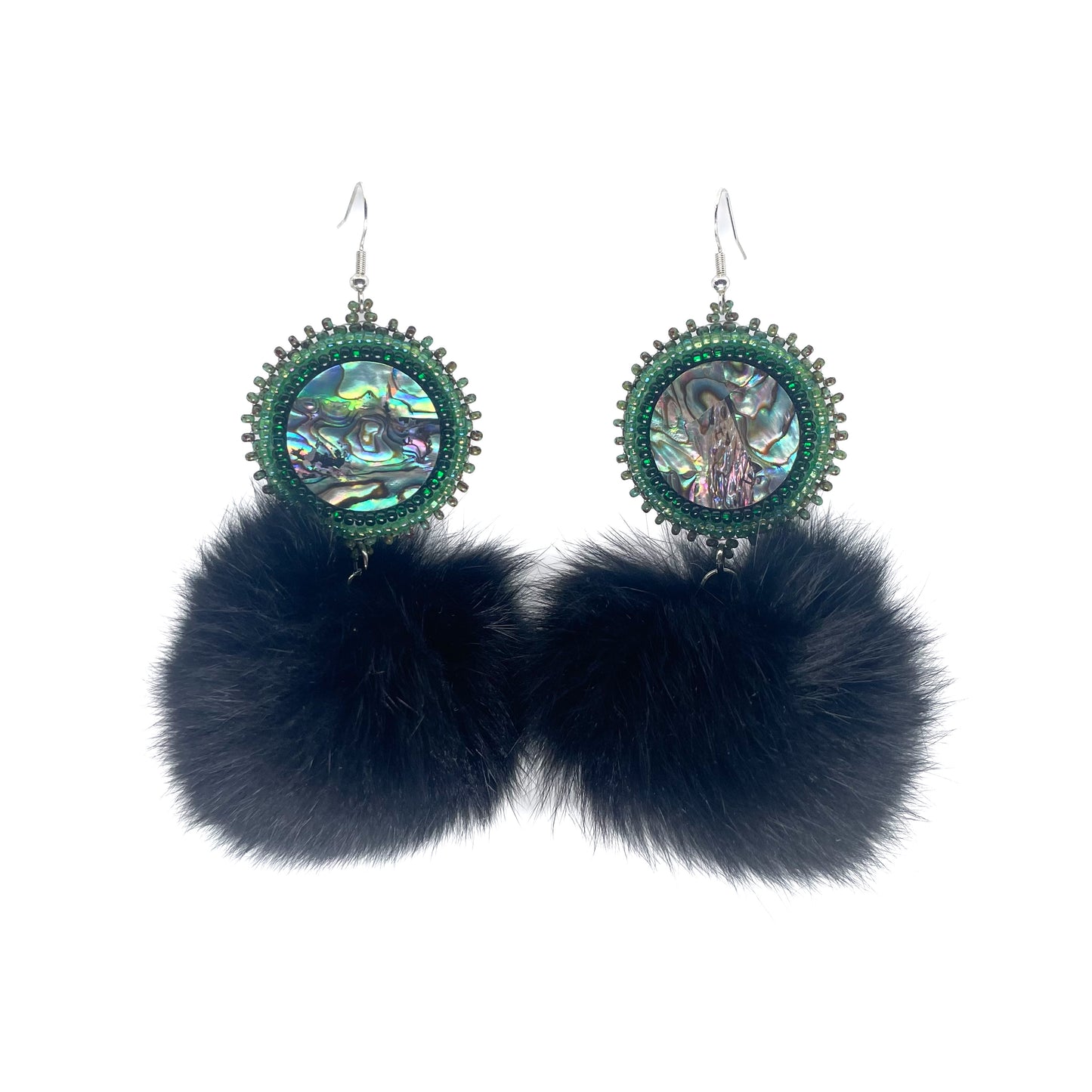 Kajiste Creations Earrings Beaded Abalone and Rabbit Fur