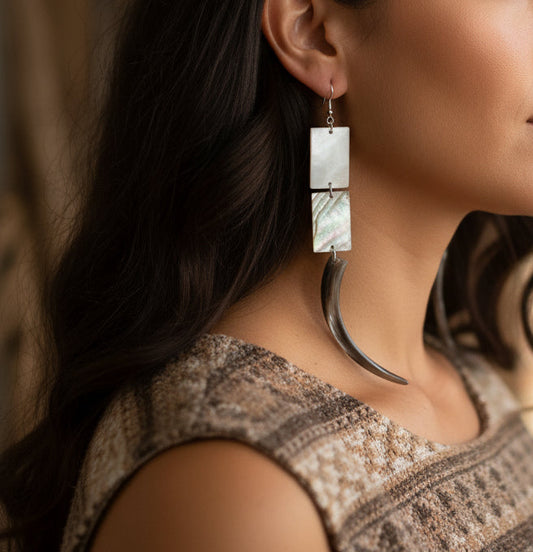 Kajiste Auntie Earrings Double-tier Rectangle Mother of Pearl and Abalone Tusk