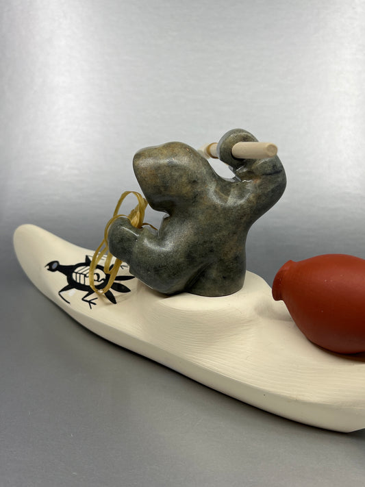 Sculpture - Amos;  Kayaker with Harpoon, Soapstone & Wood