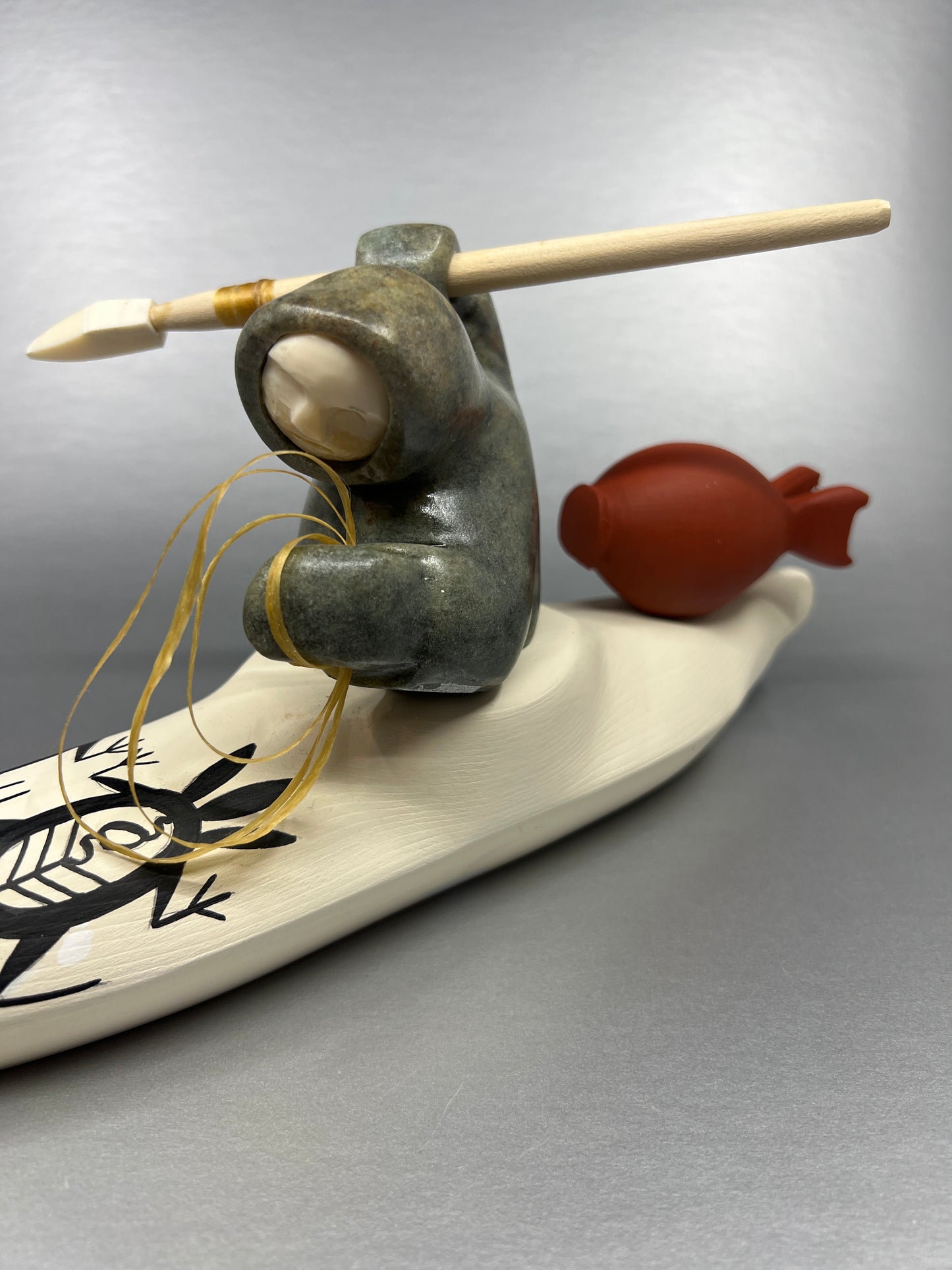 Sculpture - Amos;  Kayaker with Harpoon, Soapstone & Wood