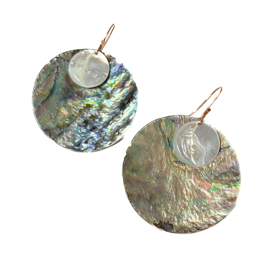 Sugar Bear Alaskan Treasure Earrings 2" Abalone Disc & Mother of Pearl