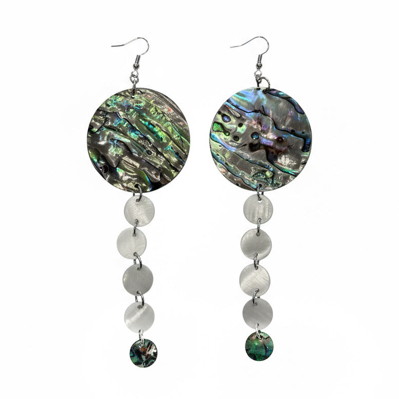 Kajiste Auntie Earrings 1.5" Abalone Disc with 4-tier Mother of Pearl Dangles