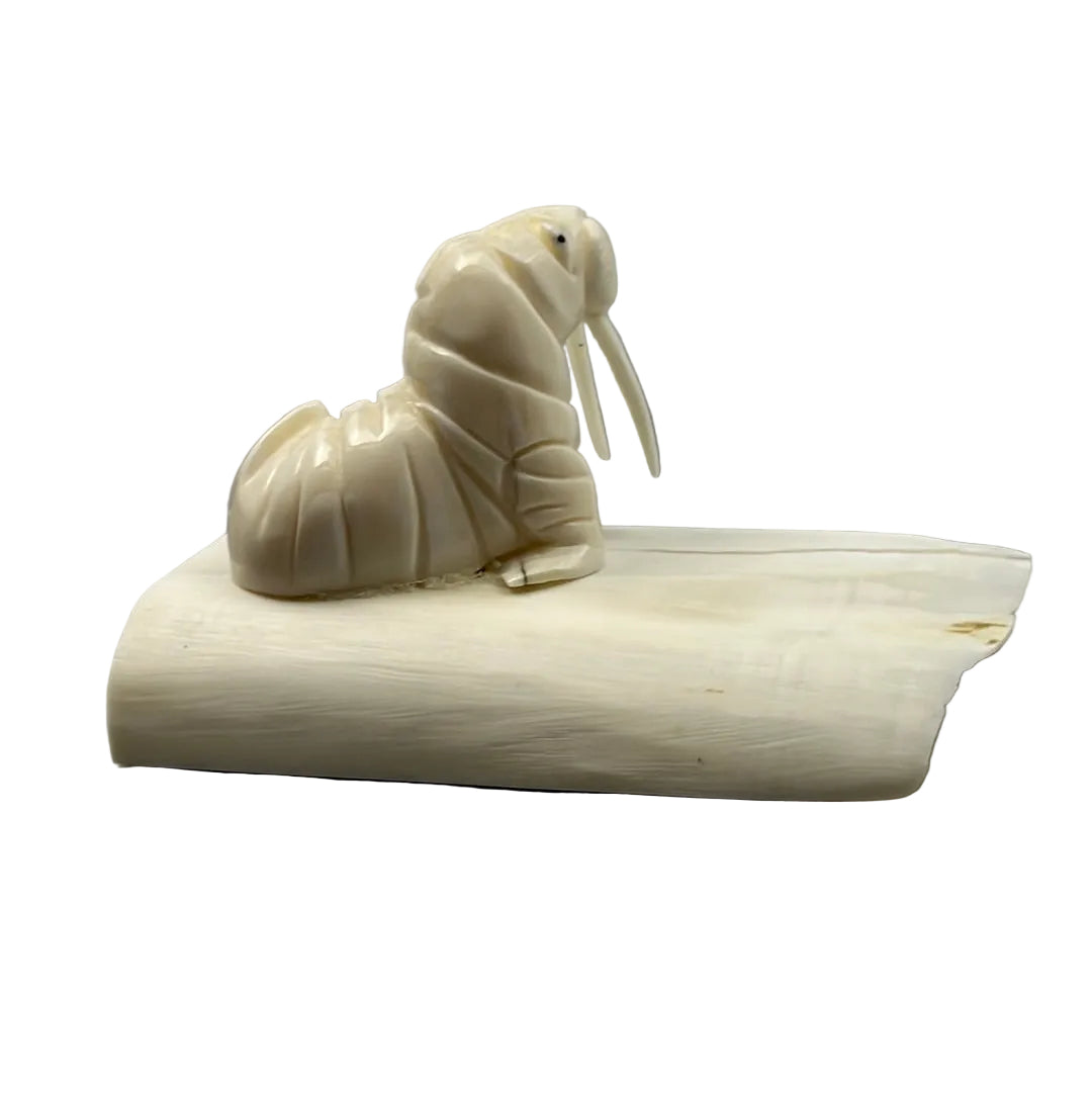 Kyle Pungowiyi Figurine Ivory Walrus on Tusk Base