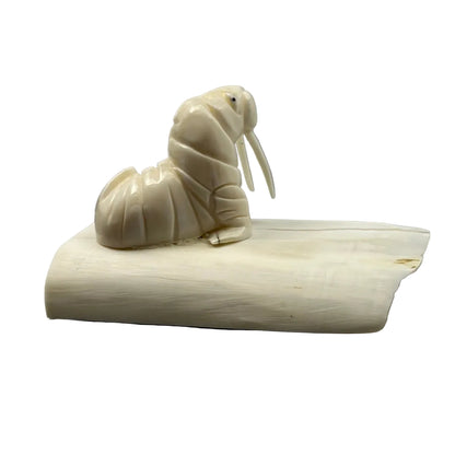Kyle Pungowiyi Figurine Ivory Walrus on Tusk Base