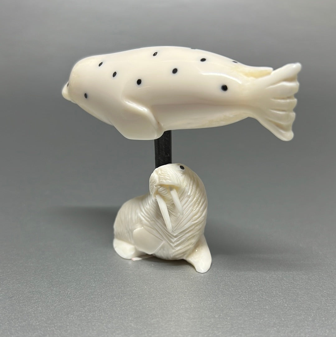 Ivory- Kaninguk;  Baleen, Spotted Seal on Carved Walrus