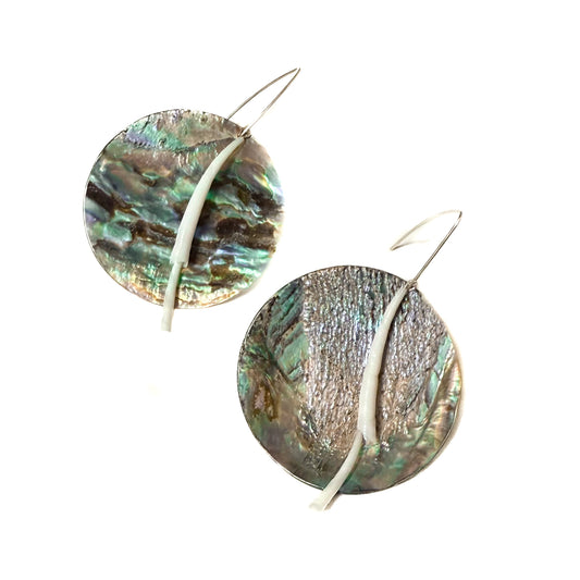 Sugar Bear Alaskan Treasure Earrings 2" Abalone Disc & Dentalium