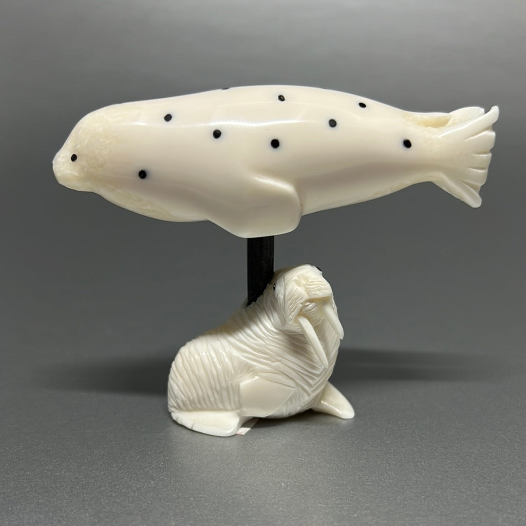 Ivory- Kaninguk;  Baleen, Spotted Seal on Carved Walrus