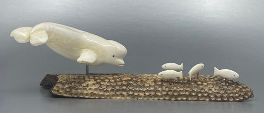 Ivory - D. Pungowiyi; Beluga Whale on base with Fish