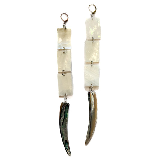 Kajiste Auntie Earrings Triple-tier Rectangle Mother of Pearl and Abalone Tusk