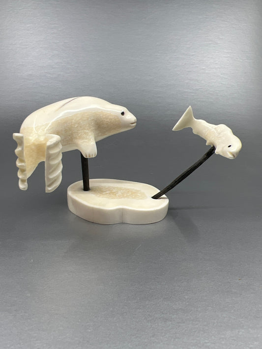 Ivory Carving- K. Wilson; Seal Chasing Fish, Ivory, Baleen
