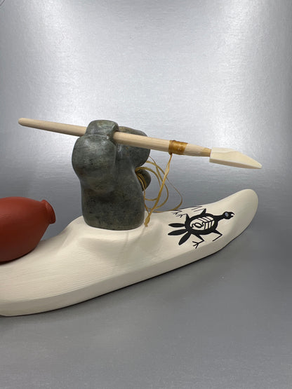 Sculpture - Amos;  Kayaker with Harpoon, Soapstone & Wood