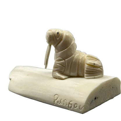 Kyle Pungowiyi Figurine Ivory Walrus on Tusk Base