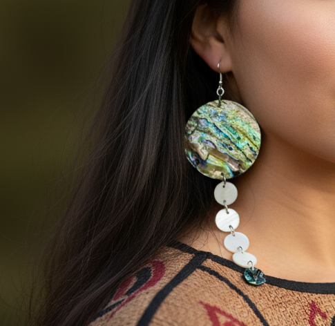 Kajiste Auntie Earrings 1.5" Abalone Disc with 4-tier Mother of Pearl Dangles