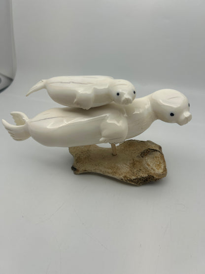 Ivory - Mom Seal with Pup Mounted on Whalebone