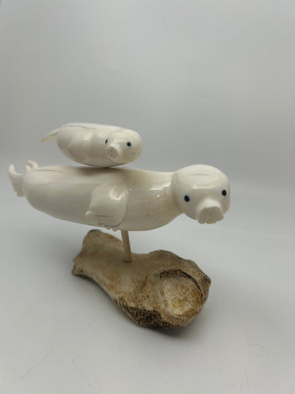Ivory - Mom Seal with Pup Mounted on Whalebone