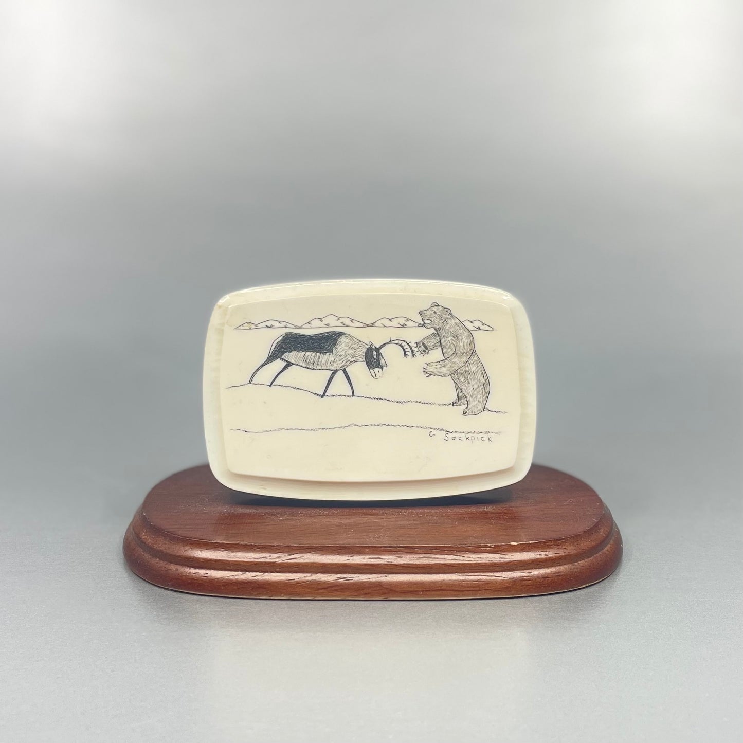 Scrimshaw- Ivory, "Caribou & Bear Fight", Wood Base