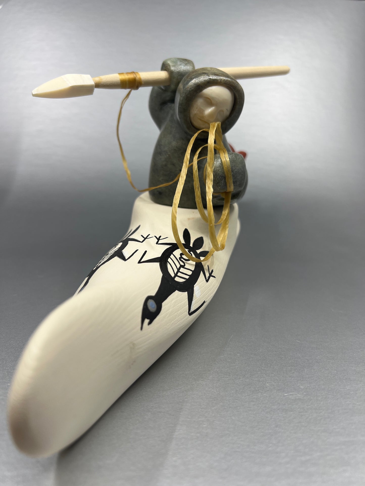 Sculpture - Amos;  Kayaker with Harpoon, Soapstone & Wood