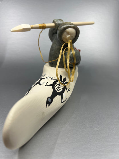 Sculpture - Amos;  Kayaker with Harpoon, Soapstone & Wood