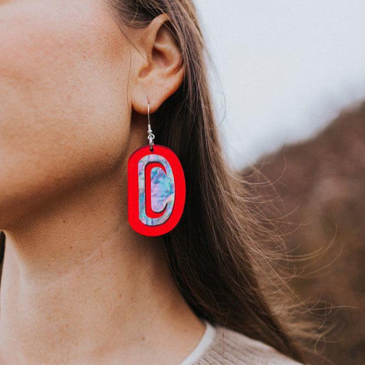 Copper Canoe Woman Earrings Abalone Ovoid - Red Mirror