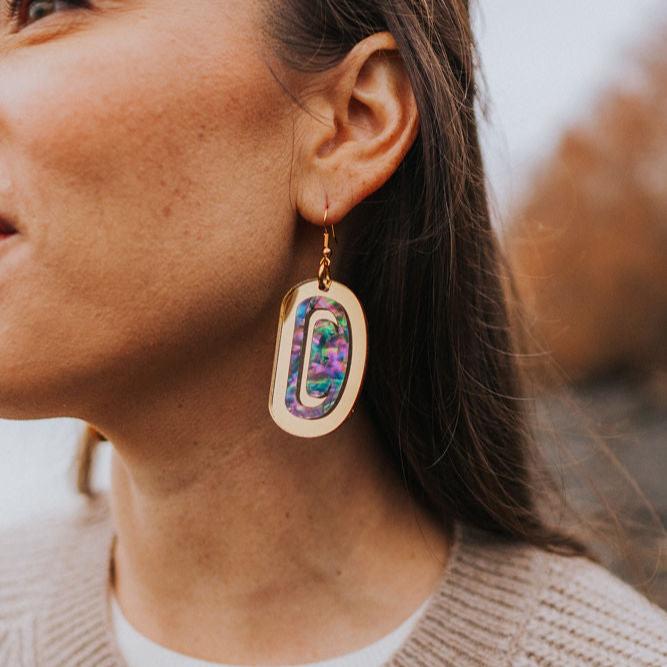 Copper Canoe Woman Earrings Abalone Ovoid - Gold Mirror