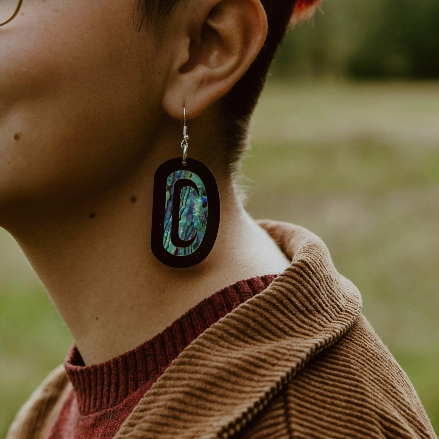 Copper Canoe Woman Earrings Abalone Ovoid - Black