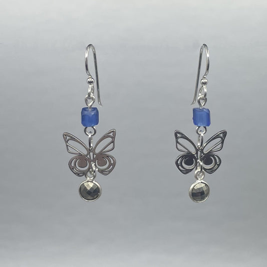 Morgan Asoyuf Earrings Mini Silver Butterfly with Trade Beads & Pyrite