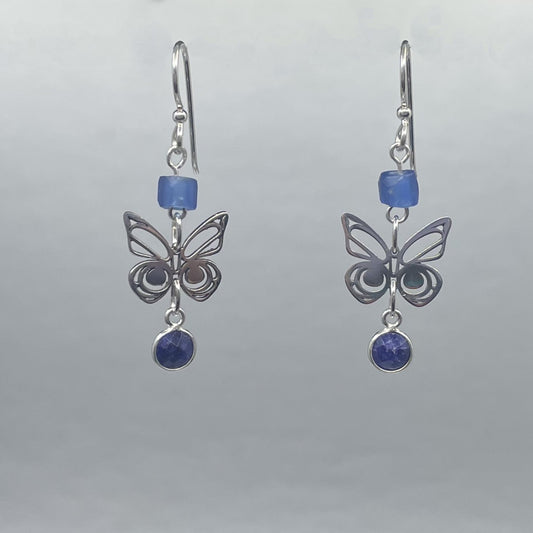 Morgan Asoyuf Earrings Mini Silver Butterfly with Trade Beads & Sapphire