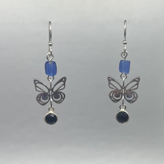 Morgan Asoyuf Earrings Mini Silver Butterfly with Trade Beads & Black Onyx