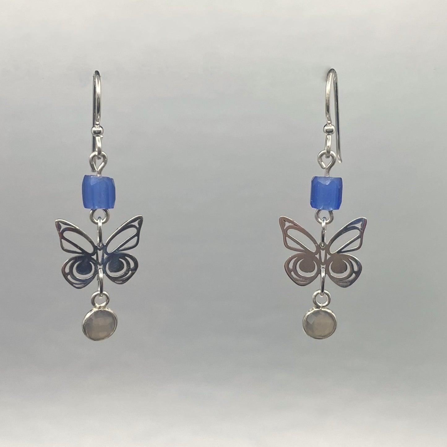 Morgan Asoyuf Earrings Mini Silver Butterfly with Trade Beads & Smoky Quartz