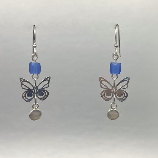 Morgan Asoyuf Earrings Mini Silver Butterfly with Trade Beads & Smoky Quartz