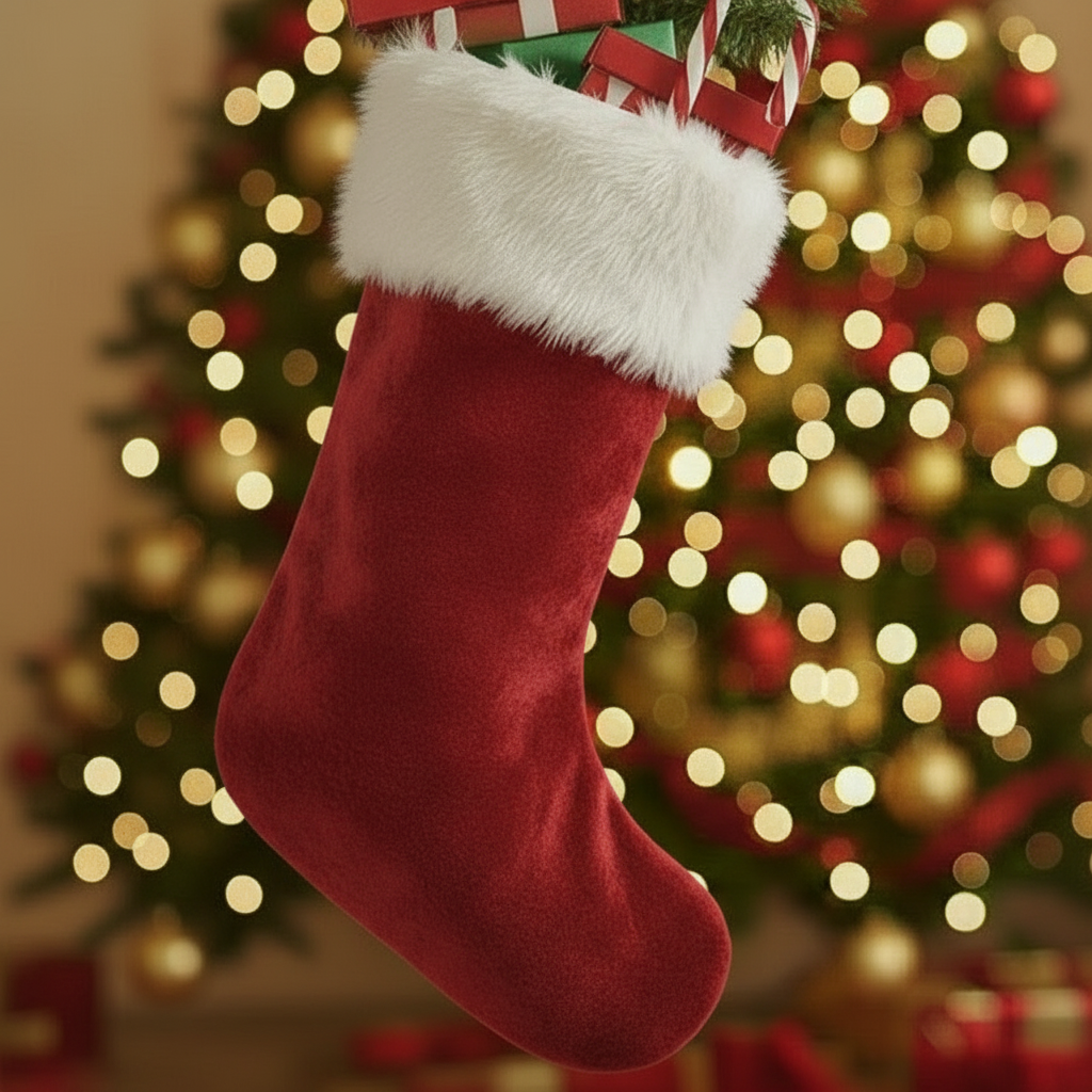 christmas stocking with christmas tree in background