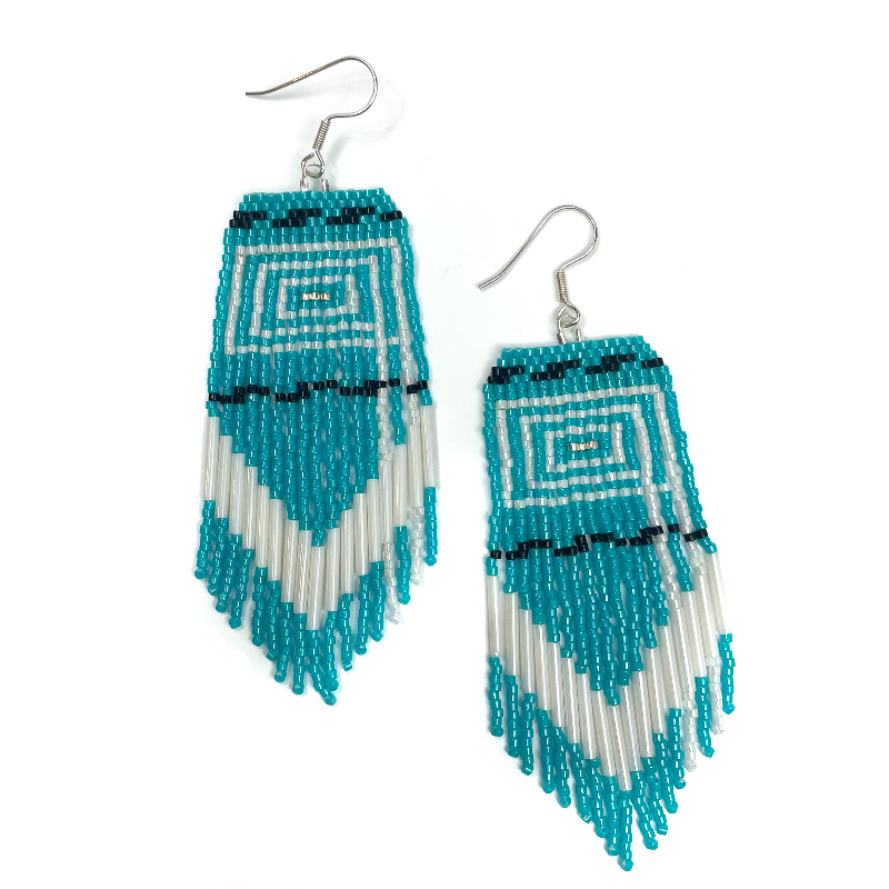 Kéet Creations Earrings Beaded Ravenstail Aqua and White