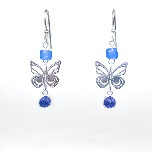 Morgan Asoyuf Earrings Mini Silver Butterfly with Trade Beads & Sapphire