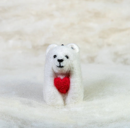 Polar Bear with Heart 100% Felted Wool Handcrafted Ornament