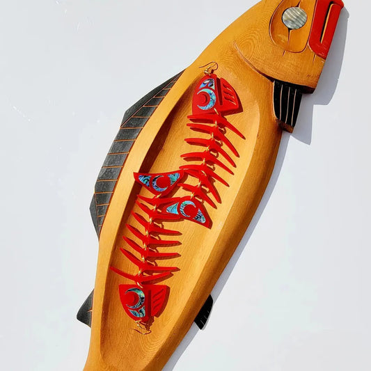 Copper Canoe Woman Earrings Salmon Ghost (Large)(Red)