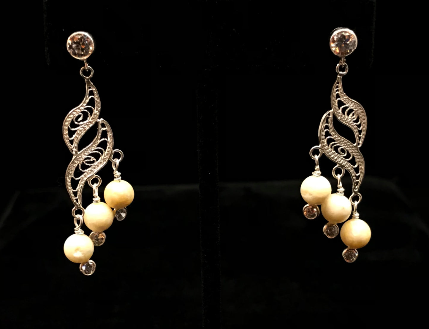 Earring- W. Grant, Filigree w/Dangle, Ivory, Stud, Various Gemstone