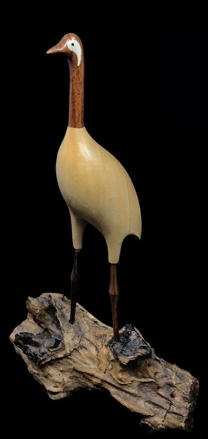 Wood Carving- Sandhill Crane on Log, Large