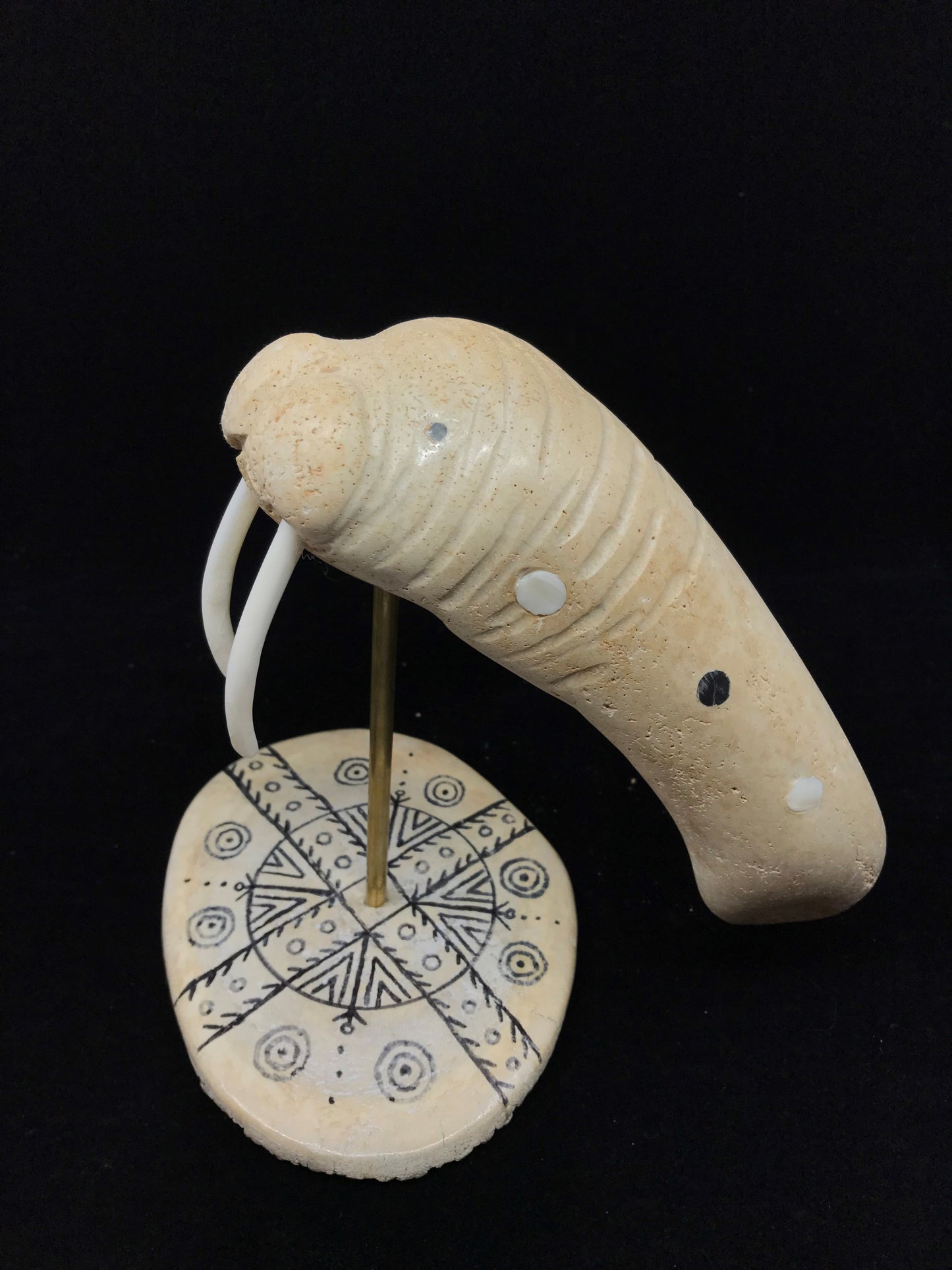 Sculpture- Geffe;  Walrus w Tusks on Bone Base w Drawn Designs, Jawbone